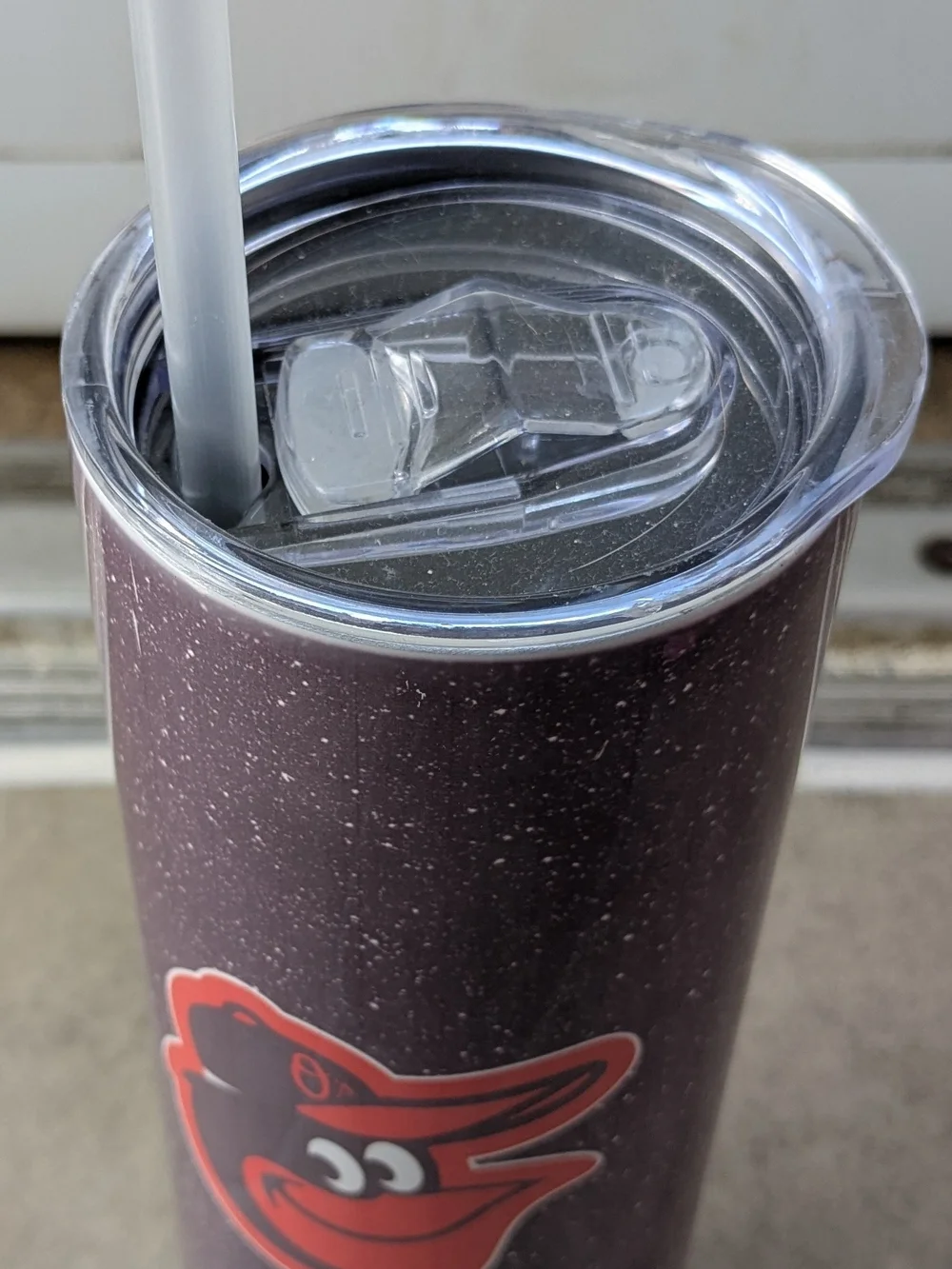 Orioles Purple Speckle Travel Tumbler with Clear Lid and Straw